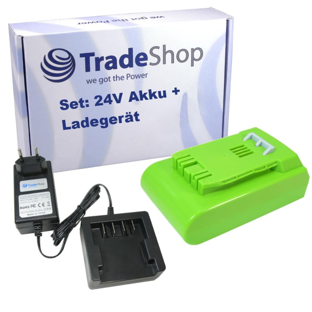 Trade-Shop Set: Akku 24V 2Ah + Ladegerät kompatibel mit Powerworks 32CM P24LM32, P24AB, P24ST, Alpina BLA 24 Li, C 24 Li, H 24 Li, MT 24 Li, T 24 Li
