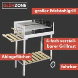 Grillwagen - XXL Edelstahl Holzkohlegrill, Fahrbar mit Holzablage, Grill groß