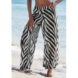Strandhose FRENCH CONNECTION, Damen, Gr. 40, N-Gr, schwarz (schwarz, creme bedruckt), Mesh, Obermaterial: 95% Polyester, 5% Elasthan, bedruckt, modisch, figurumspielend lang, Hosen, aus transparenter Meshware, Palazzohose