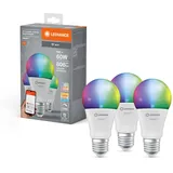 LEDVANCE Smarte LED-Lampe mit WiFi Technologie, Sockel E27, Dimmbar, Lichtfarbe änderbar (2700-6500K), RGB Farben änderbar, ersetzt Glühlampen mit 60 W, SMART+ WiFi Classic Multicolour, 3er-Pack