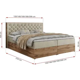 MKS Meble Boxspringbett, Deko, Doppelbett, Polsterbett mit Bettkästen und Multipocket-Matratze, Eiche Wotan holzrahmen - Albero-3 - 120x200cm - Beige Velvet... - Beige