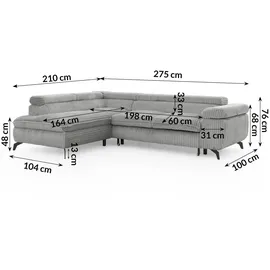 S-Style Eckcouch Cord 2-Sitzer Grau