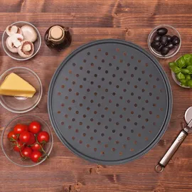 Relaxdays 10 x Pizzablech, rund, gelocht, antihaft, Pizza & Flammkuchen, Carbonstahl, Knusperblech, ∅ 32 cm, Pizzabackblech, grau