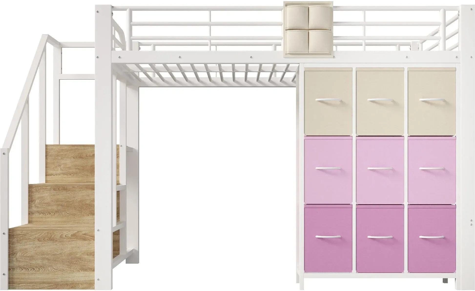 Hochbett 140×200 cm, Treppe mit Stauraum und Stofftasche, ohne Matratze, 251,5x145x140 cm, Weiß