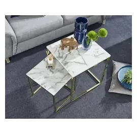 KADIMA DESIGN Beistelltisch Set in Marmor-Optik und goldener Farbe, Moderne und stilvolle Wohnzimmermöbel, 2 Größen, Robustes Metallgestell