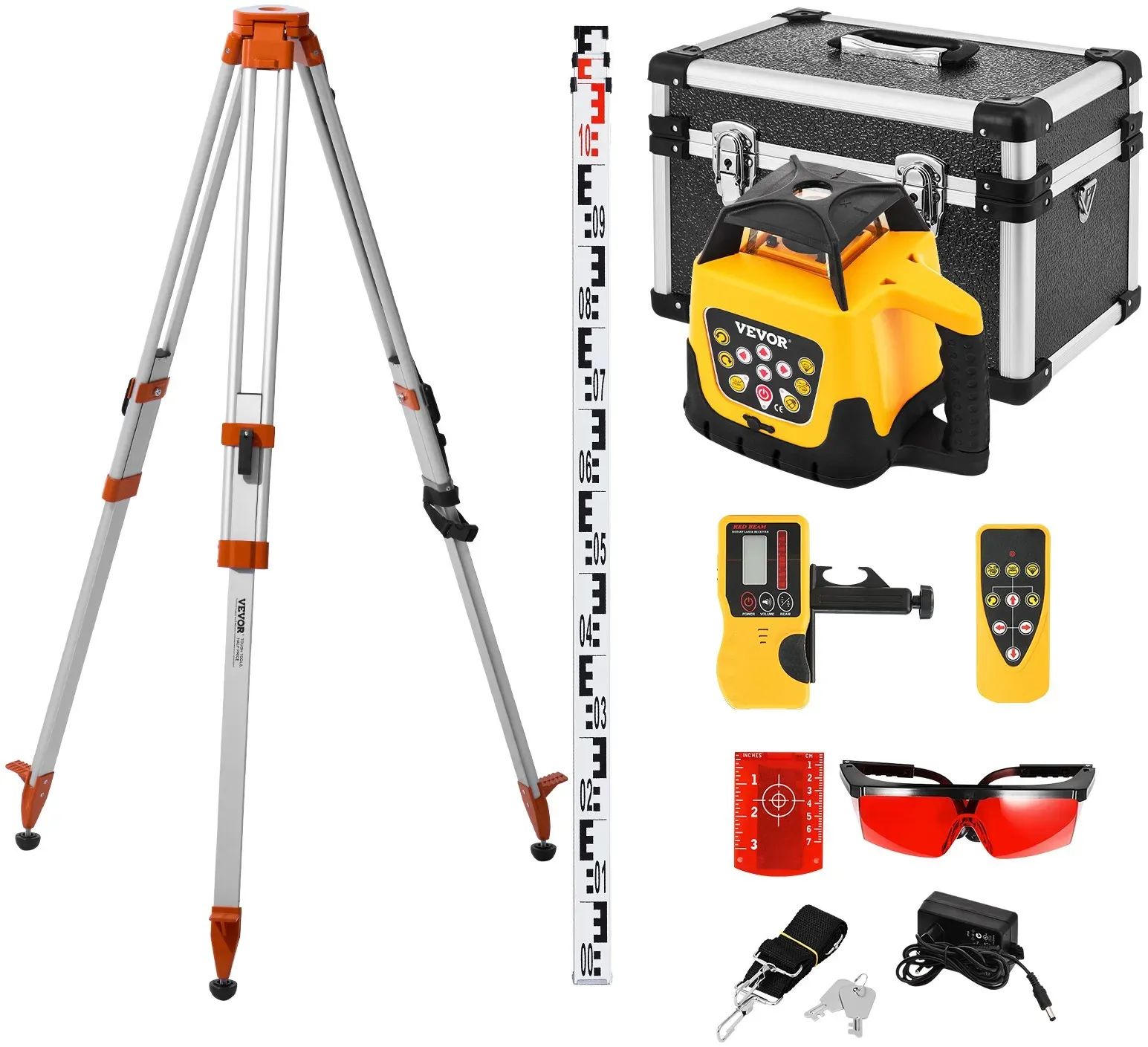 VEVOR Rotationslaser-Nivelliergerät-Set mit Stativ & Messlatte, rotem Laserstrahl, 300 m Reichweite, Neigung einstellbar, 360° drehbar, flexibler Scanwinkel, inkl. Fernbedienung & Tragetasche