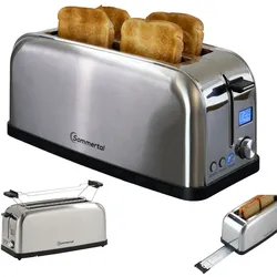 Sommertal Toaster ST1500 XXL, 4 Scheiben mit Brötchenaufsatz, Display mit Timer und Restlaufanzeige, Langschlitztoaster Restlaufzeit, Retro Design Langschlitz Edelstahl 1500W