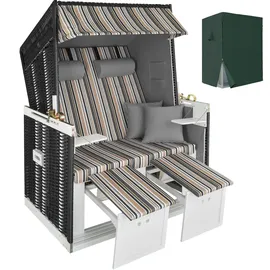 Tectake tectake® Strandkorb, gepolstert mit ausziehbaren Fußbänkchen, klappbare Seitentische und weitere Extras, 115 x 158 x 78 cm