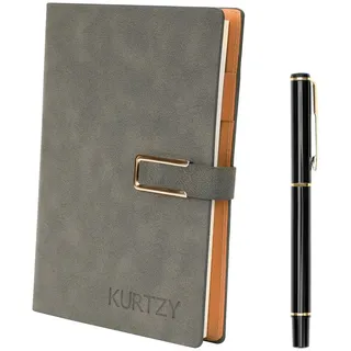 Kurtzy Hellgraues PU-Leder-Notizbuch mit Stift - Größe A5 nachfüllbar mit 112 dicken Seiten - Liniertes Papier - Notizbuch A5 nachfüllbar -