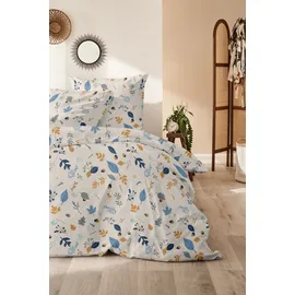 Primera Biber-Bettwäsche Branches floral Blau/Braun 135 x 200 cm + 2 x 80 x 80 cm
