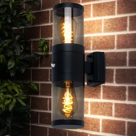 GLOBO Außenleuchte Wandlampe mit Bewegungsmelder Gartenleuchte Fassadenleuchte, Up Down Strahler, Edelstahl, schwarz rauch, 2x E27, DxH 10,2x42 cm, 2er