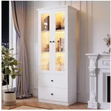 Merax Standvitrine schmal Vitrinen mit LED und USB-Anschluss (inkl.Fernbedienung, Hochschrank Standregal Schrank Vitrine) Vitrinenschrank mit verstellbaren Fachböden und 2 Schubladen, H:165cm weiß Ø 60 cm x 60 cm x 165 cm x 36 cm