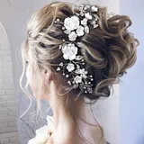 Kiiwah Braut Blume Hochzeit Haar Reben Silber Kristal Stirnband und U-Förmige Perle Haarnadeln Blume Blatt Kopfschmuck Braut Haarschmuck für Damen Frauen Mädchen