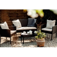 Konsimo Sitzgruppe DELTO Gartenmöbel-Set, (2x Gartensessel, 1x Tisch, Maße: 75x38x40 cm, 1x Gartensofa, 4-tlg., Sofa mit 2 Sessel und Tisch), inkl. Auflagen, Tischplatte aus gehärtetem Glas, Polyrattan, Glas beige|schwarz