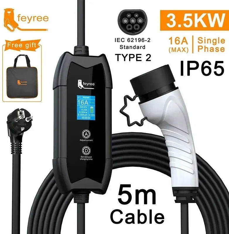 feyree EV-Ladegerät Typ 2, 16A, 3,5kW, tragbare Ladestation mit 5m Kabel für Elektrofahrzeug
