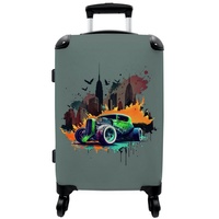 NoBoringSuitcases.com© Koffer Auto - New York - Graffiti - Grün - Hot Rod 67x43x25cm, 4 Rollen, Mittelgroßer Koffer für Jungen, Kinder Trolley bunt