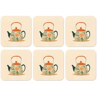 MuchoWow Glasuntersetzer Orange - Teekanne - Blumen - Blätter, Zubehör für Gläser, 6-tlg., Tassenuntersetzer Kork, Quadrat, Untersetzer Set Gläser, 10x10 cm