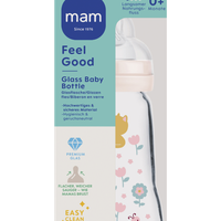 MAM Feel Good Babyflasche aus Glas (260 ml), Babyflasche mit weiter Öffnung, stabile Baby Trinkflasche mit Sauger Gr. 1, ab der Geburt, Katze/Maus