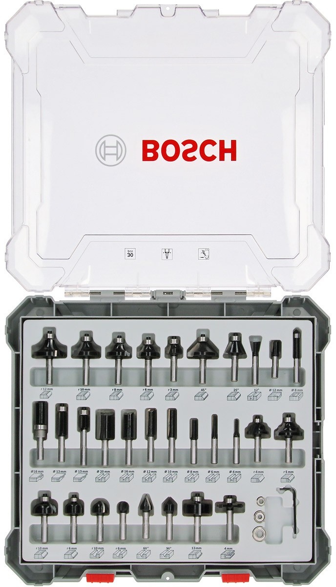 Bosch Professional 30tlg. Fräser Set Mixed (für Holz, Zubehör Oberfräsen mit 8 mm Schaft)