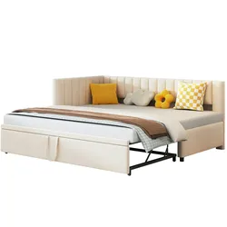 OKWISH L-förmiges Schlafsofa 90x200 cm mit ausziehbarem Bett, Samtpolster, Push-Pull-Mechanismus, Platzsparend, bequemes Schlaf- und Sitzmöbel, Beige