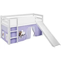 Lilokids Hochbett mit Rutsche JELLE 90×200 cm | 90x190 cm – Kinderbett & Spielbett aus Massivholz (Kiefer) inkl. Lattenrost – Verschiedene Markenmotive (Pferd lila, 90 x 200 cm)