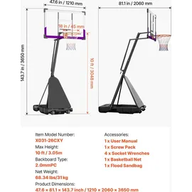 Vevor Basketballkorb tragbar Schwarz 121,9 x 305 cm