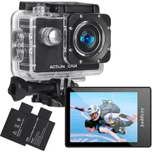jadfezy Action Cam FHD 1080P/12MP, Unterwasserkamera wasserdicht bis 30M, 140 Grad Weitwinkel Action Kamera mit Zwei 900 mAh wiederaufladbare Akkus und Zubehör-Set