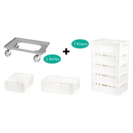 Logiplast 7 Stück E2-Kasten weiß + 1 Transportroller mit vier Lenkrollen grau