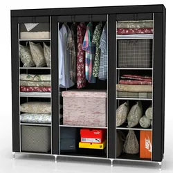 Intirilife Faltschrank 150x175x45 cm in RABEN SCHWARZ - mit Reißverschluss Stoffschrank Kleiderschrank mit Kleiderstange, Fächern und Seitentasche