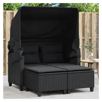 vidaXL Gartensofa 2-Sitzer mit Dach und Hockern Schwarz Poly Rattan