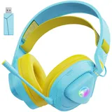 Awinnasey Wireless Gaming Headset mit Mikrofon, Over Ear Bluetooth Gaming Kopfhörer mit RGB Lichter, 2,4 GHz Gaming Headset, Kabellose Gaming Headset für PS5/PS4/Switch/PC/Mac, Blau Gelb