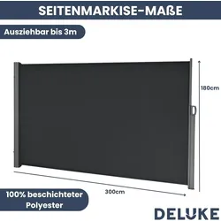DELUKE® Seitenmarkise ausziehbar 180x300cm Blickdicht - Sichtschutz Windschutz | Markise Wandmarkise ausziehbar Sonnenschutz | Schwarz