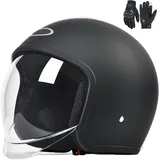 Rollerhelm Sturzhelm Chopper Helm,Jethelme Halbhelme Motorradhelm ECE 22.06 mit Doppelvisier Sonnenblende für Damen Herren Erwachsene A,55-60CM