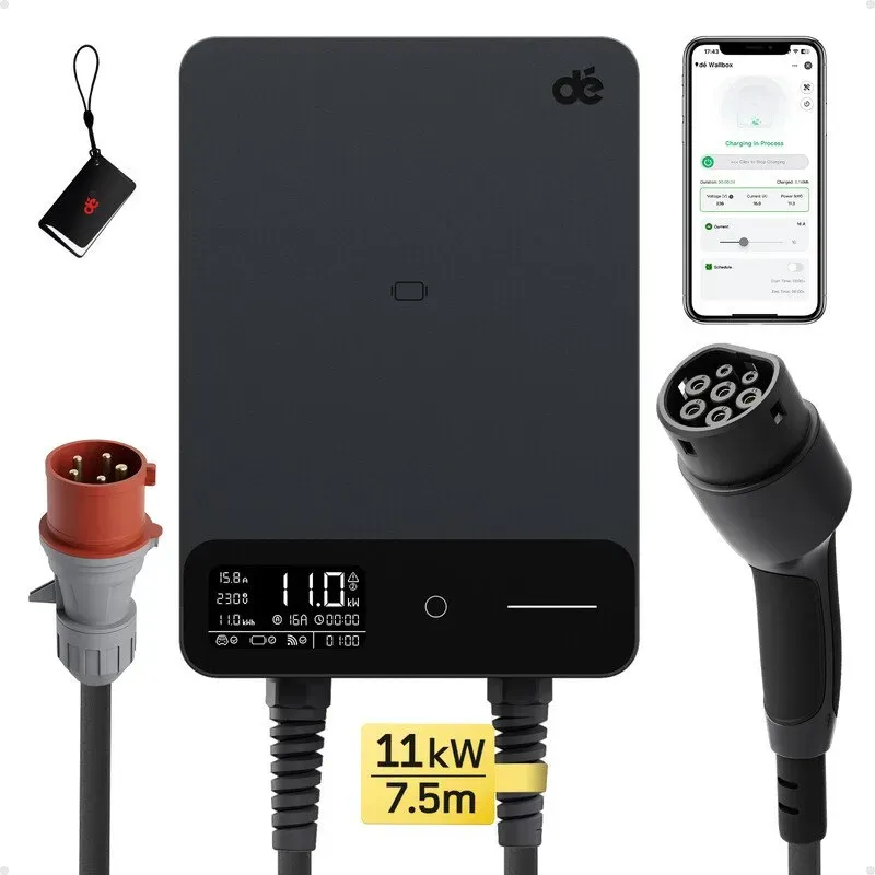 dé Wallbox Typ 2 11kW mit APP & RFID – 3-phasiges EV-Ladegerät 400 V, 6–16 A, 7,5 m Kabel mit Kabelhalter – RCD Typ B & IP54, effiziente Ladestation für Zuhause, schwarz