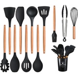 12 Stück Küchenhelfer Set Silikon mit Utensilienhalter Kochlöffel Set Küchenutensilien Set Küche Komplett Kochbesteck Set Hitzebeständiger Kochgeschirr Set Antihaft Kochset (Schwarz)