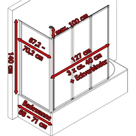 Schulte Duschwand mit Seitenwand, 129 x 140 x 75 cm, 3-teilig faltbar, Kunstglas Tropfen-Dekor, Profilfarbe: Alunatur - Grau