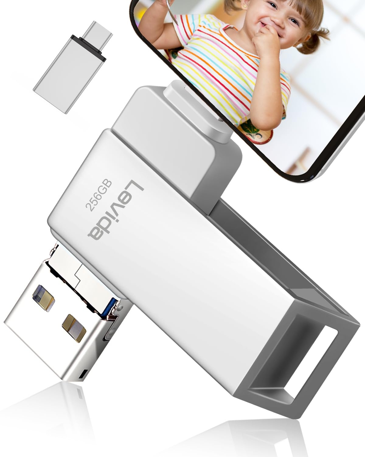 USB Stick 256GB,Levida Speicherstick USB 3.0 Photostick fotostick (Mobiler Speicher,Drehbares Design, Automatisches Backup) für IOS,Phone,Android Handy,Pad, Laptop UND Computer,PC,Silber