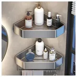 POPOLIC Duschablage Duschablage Ohne Bohren, Edelstahl Eckregal mit Handtuchstange,4 Haken, 2-tlg Duschregal, mit Handtuchhalter, Haken, Montageset für Bad-Küchen grau