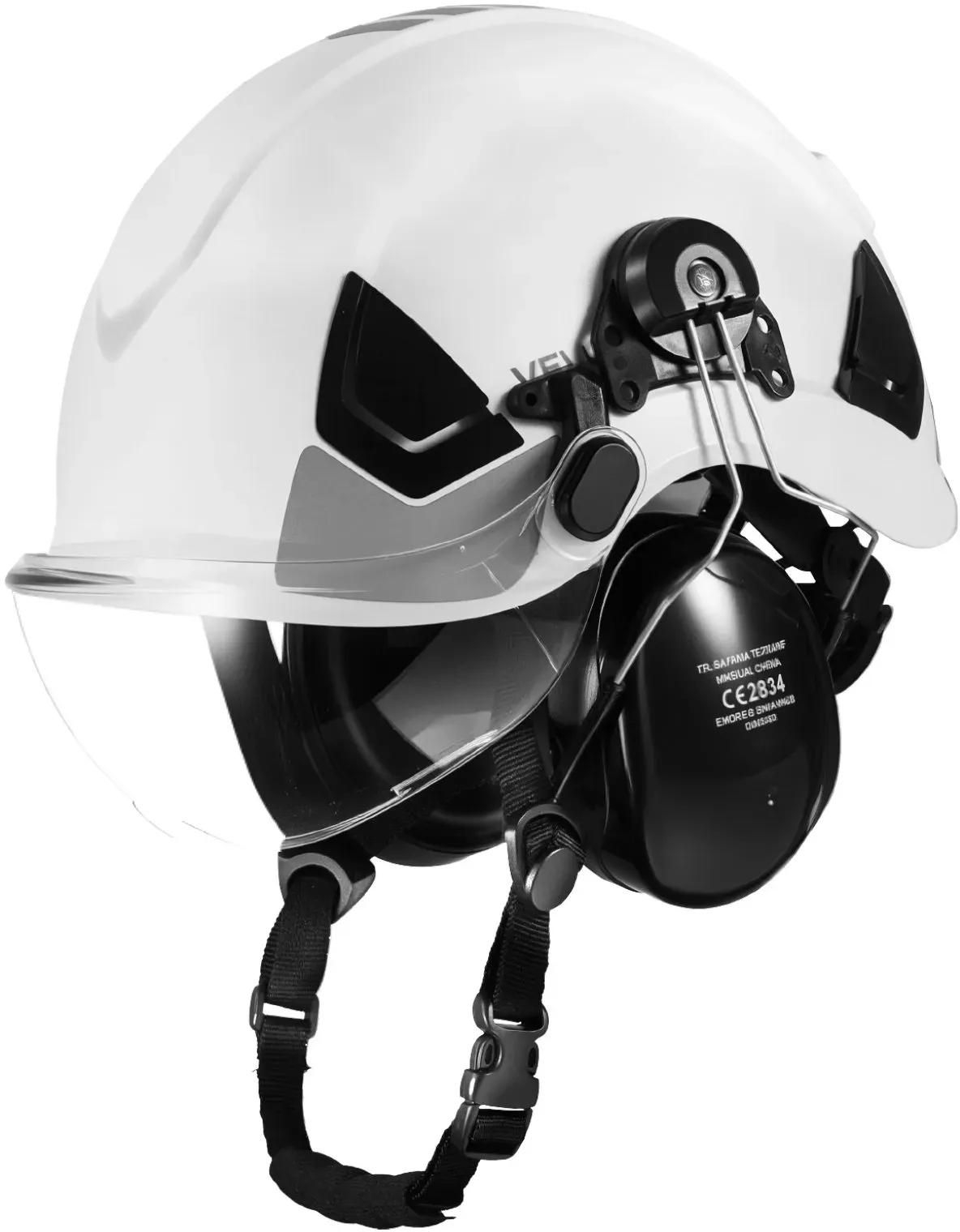 VEVOR Schutzhelm ANSI/ISEA Z89.1-zugelassener ABS-Sicherheitshelm mit Visier & Ohrenschützern, verstellbarer Industriehelm belüfteter Bauhelm Arbeitshelm für Industriebau Arbeitskleidung Weiß