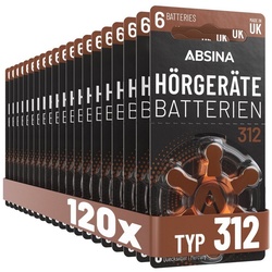 ABSINA Hörgerätebatterien 312 120 Stück mit gut greifbarer Schutzfolie - Batterien für Hörgeräte 312 Zink Luft mit 1,45V - Typ 312 Hörgeräte Batterie Braun - PR41 ZL3 P312 Hörgerätebatterien Knopfzelle, (20 St)