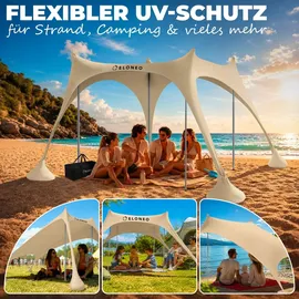 eloneo Strandzelt, Sonnensegel Strand 300x300x200 cm, LSF 50+, Sonnenschutz für Strand mit Sandschaufel, Heringen und 4 Stabilitätsstangen, 8 Personen, Creme