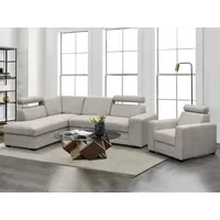 beautysofa Ecksofa mit Sessel Roma modernes Eckgarnitur mit Sessel Schlafecke mit Bettkasten Kopfstützen, Stoff: vardo 04 - beige, Ottomane: links - Beige