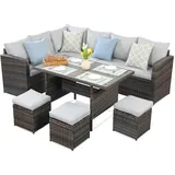 MeXo Loungeset Sitzecke Garten 8 Personen wetterfest Rattan Ecklounge mit Esstisch, (Esstisch breit 132x76x67cm, 7-tlg., Belastbarkeit pro Sitzplatz bis zur 140kg), Gartenlounge Set, l form, verbreiterte Armlehne, Polyrattan grau
