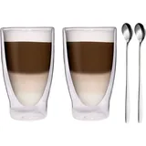 Filosa® Latte Macchiato Gläser doppelwandig (2x 370ml) + 2x Löffel, Espresso Gläser, Teegläser, Cappuccino Gläser, Thermogläser doppelwandig Latte Gläser, Doppelwandige Gläser Latte Macchiato