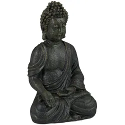Relaxdays Buddha Figur sitzend 18cm, Dekofigur für Wohnzimmer und Bad, feuchtigkeitsresistent, Kunststein, dunkelgrau