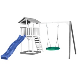 Spielturm Beach Tower Climbeing & Nest Swing, Blau, Grau, Grün, Weiß, Holz, Zeder, 356.60x241.9x349 cm, Fsc, EN 71, Spielzeug, Kinderspielzeug, Spielzeug für Draußen