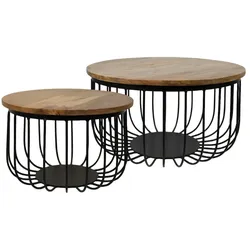 HSM Collection 2er Set Couchtisch Maden Mangoholz/Eisen, ø60x33 / ø45x30 Natur/Schwarz