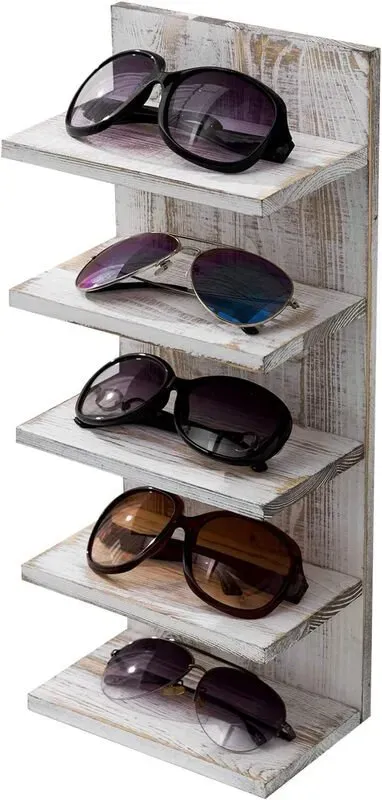 MyGift Vintage-Organizer aus weiß gewaschener Massivholzplatte, Wandhalterung für Brillen & Sonnenbrillen, Regal zur Einzelanzeige