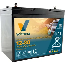 voltrana Lithium Wohnmobil-Batterie 12,8V 80Ah 1024Wh M8 mit Bluetooth