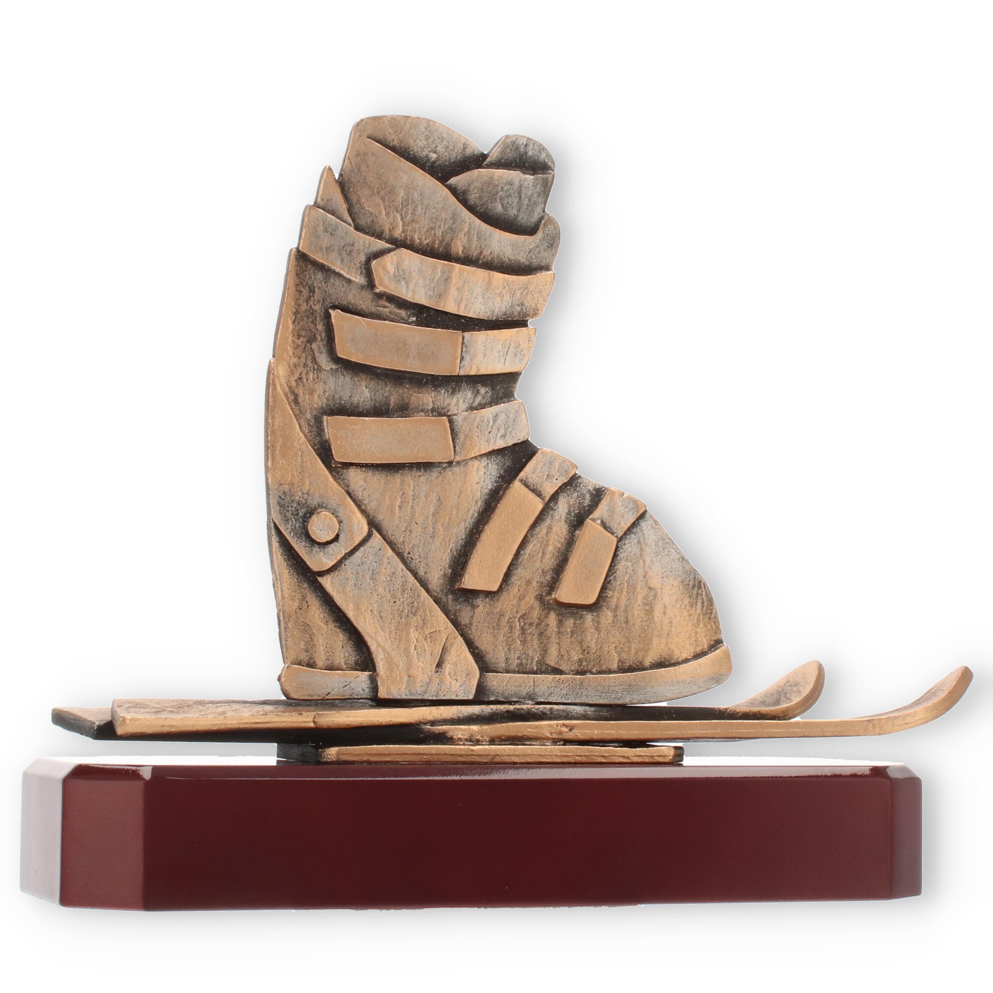 Pokal Zamakfigur Skischuh altgold auf mahagonifarbenen Holzsockel 18,0cm